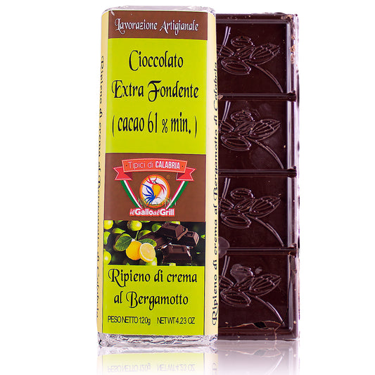 Tavoletta di cioccolato extra fondente ripiena con crema al bergamotto Calabrese