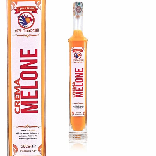 Crema di Melone, artigianale il Gallo al Grill in bottiglia da 50cl e da 20cl. Un infuso di melone dal sapore caratteristico e vellutato. Ottimo da servire a fine pasto o durante qualsiasi momento della giornata, fresco di frigorifero o congelatore.